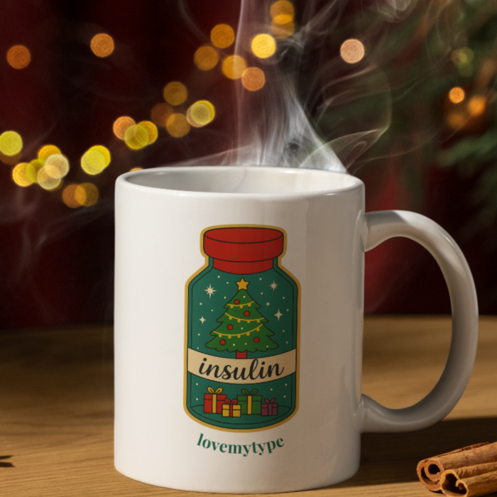 Inzulin üvegcse karácsonyfával-bögre